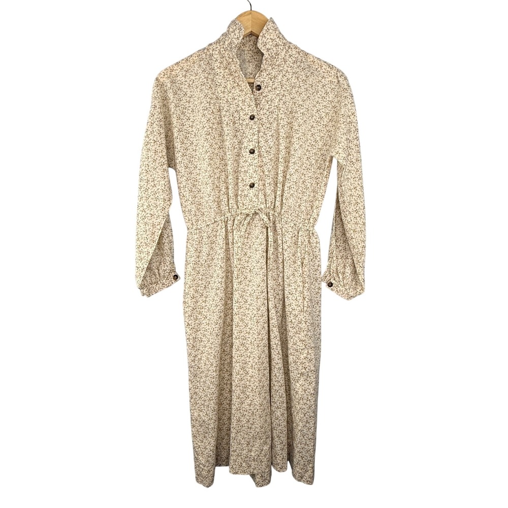 Vintage 70s Handmade Floral Midi Dress Tan Brown Long Sleeve Drawstring Waist